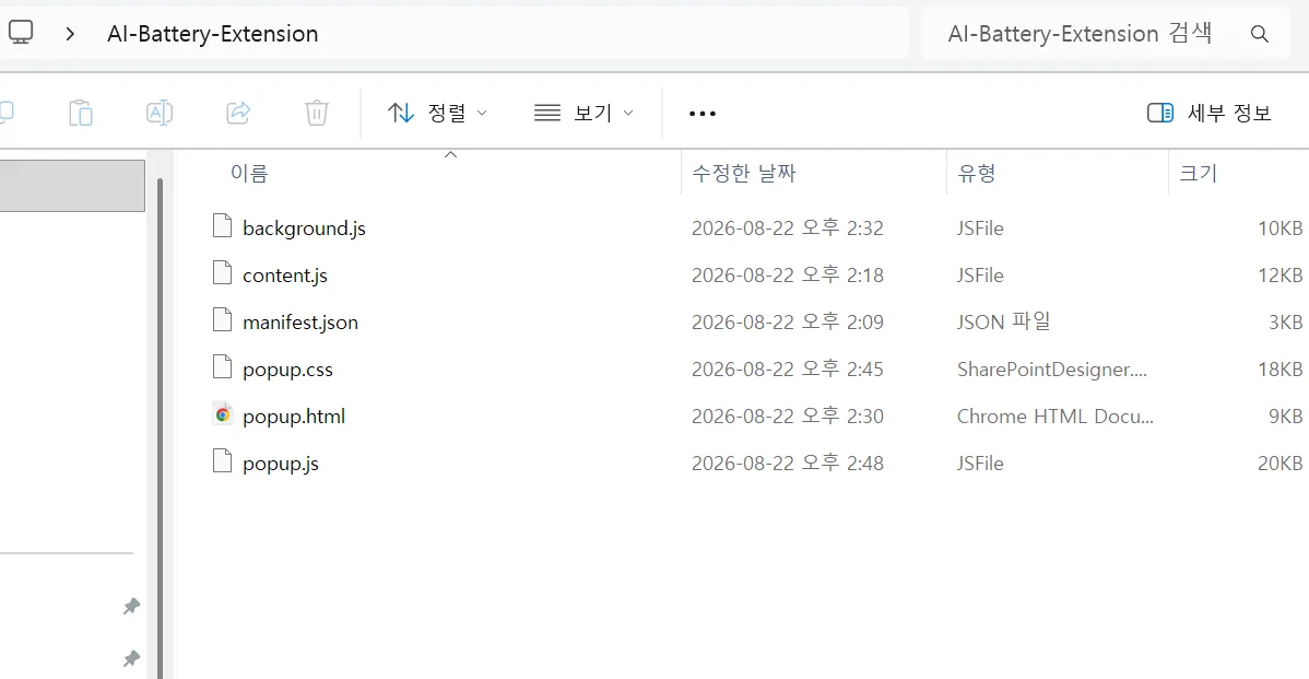 폴더 안의 파일 목록. background.js, content.js, manifest.json, popup.css, popup.html, popup.js 여섯 개