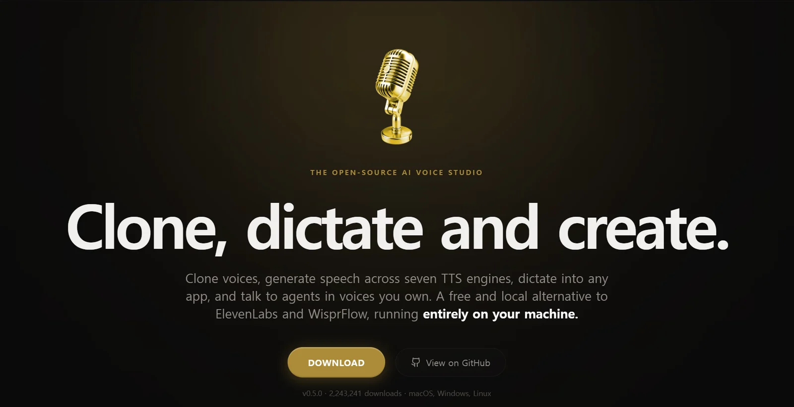 Voicebox 공식 홈페이지의 다운로드 버튼과 로컬 AI 음성 스튜디오 소개 화면