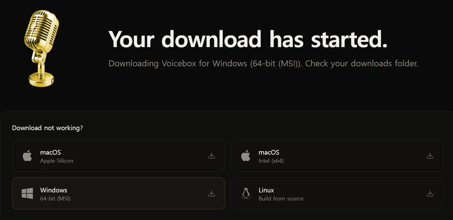 Voicebox Windows 64비트 MSI 다운로드 시작과 macOS 및 Linux 선택 화면